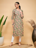 InWeave Women's Green Pink Floral Angrakha Straight Kurta