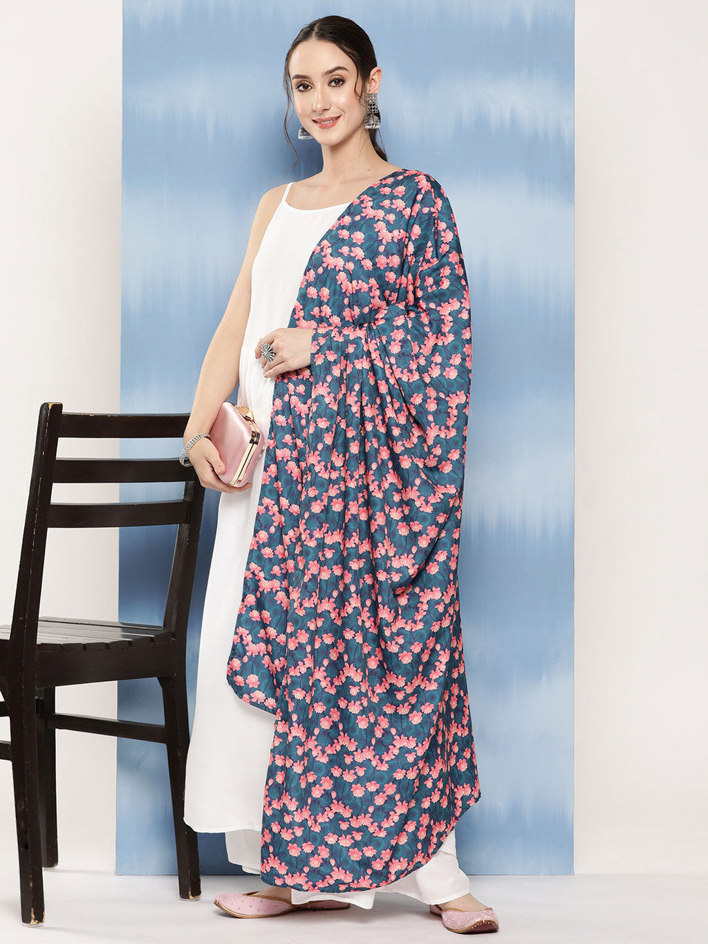 InWeave Women's White Strappy Set With Navy Pink Lotus Cr Dupatta