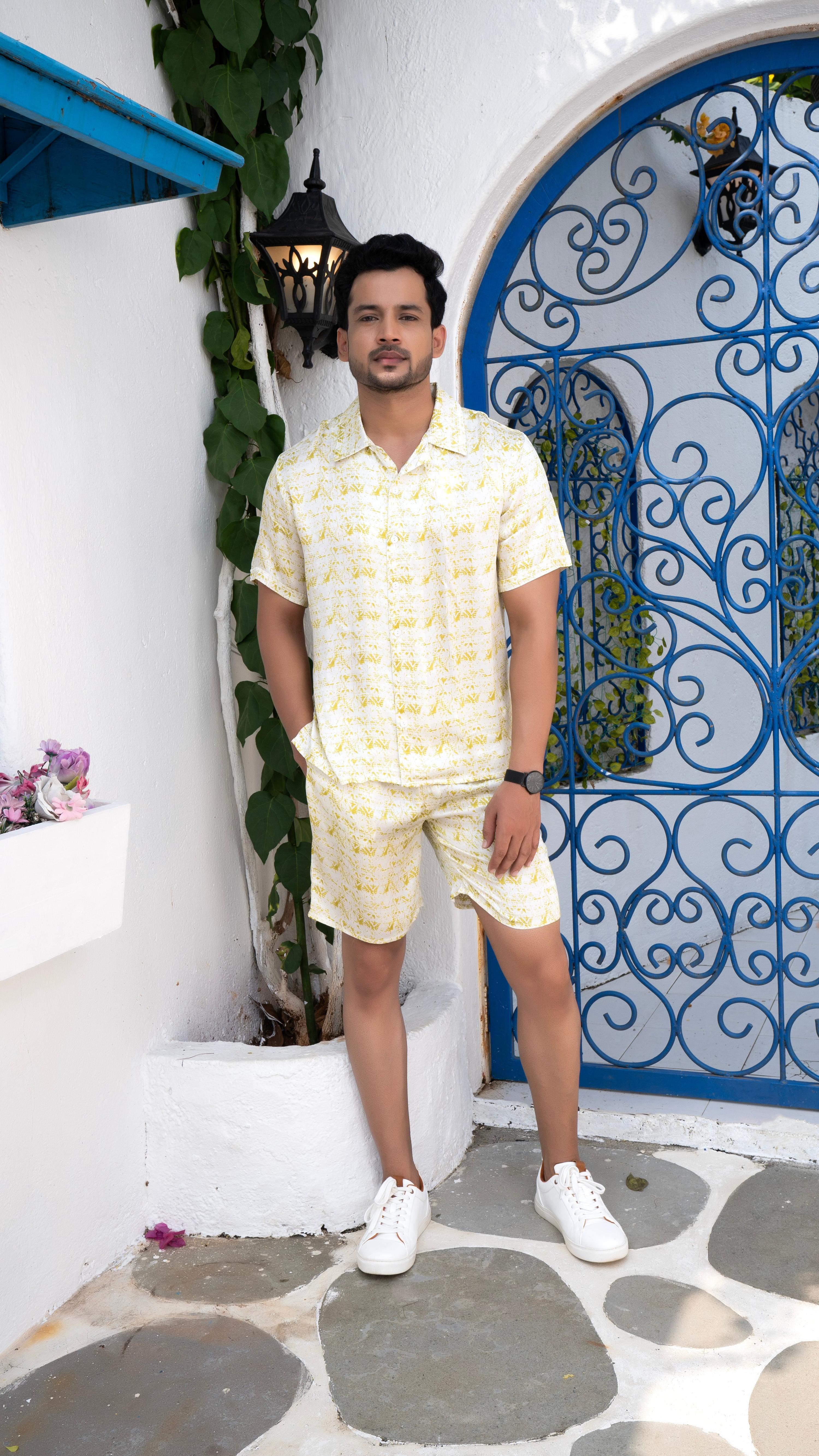 Noroke Cotton Satin White Chartreuse Couple Co-ord Set