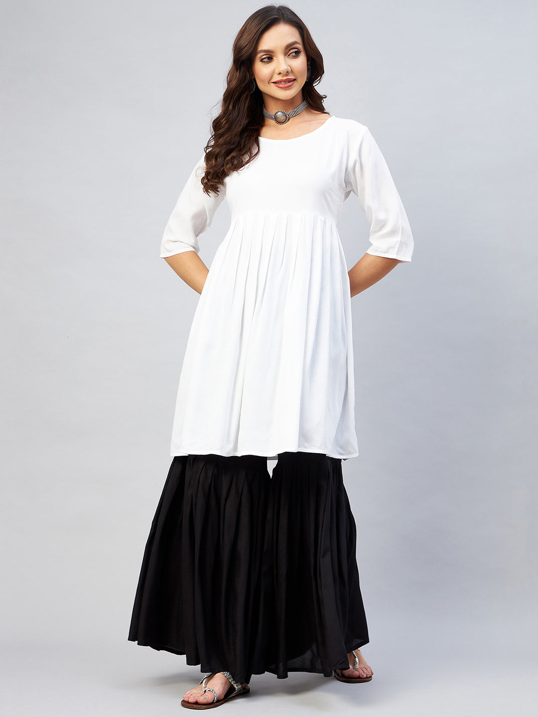InWeave Women's Cream Short Anarkali Kurta