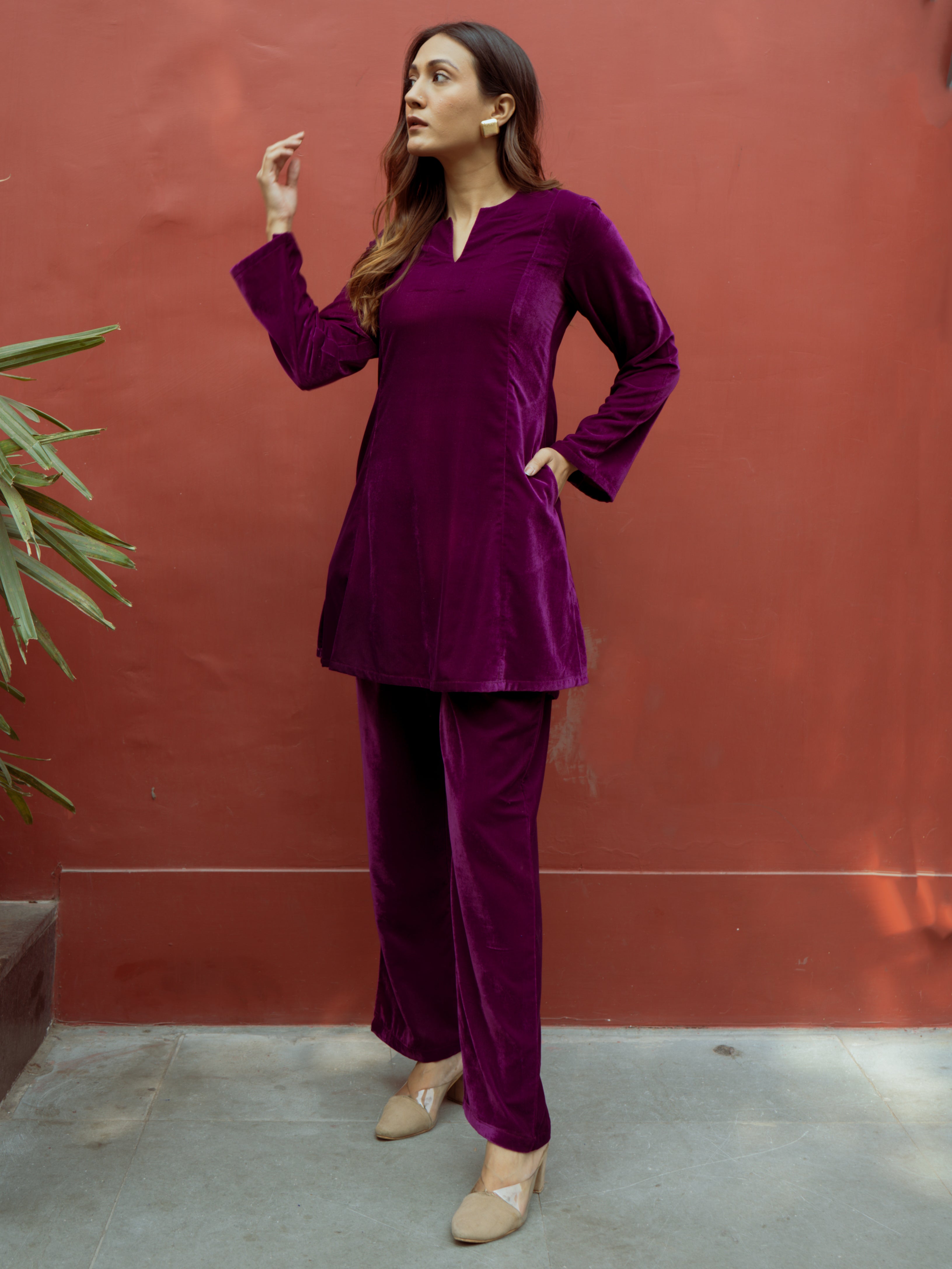 trueBrowns Wine Solid Velvet Co-Ord Set