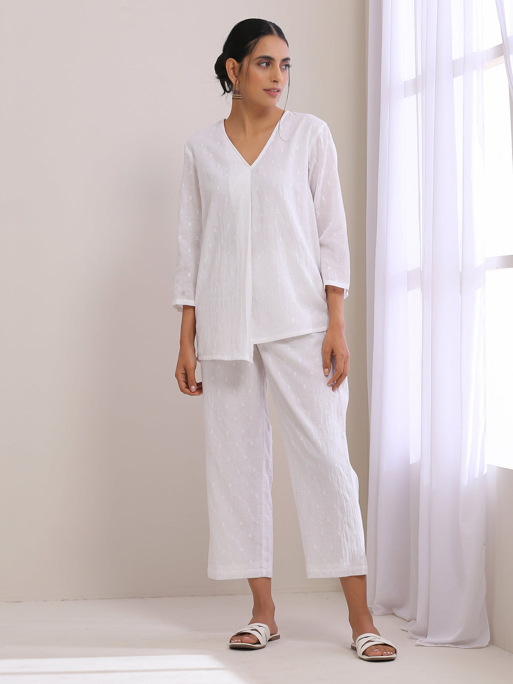 trueBrowns White Dobby Short Asymmetric Co-Ord Set
