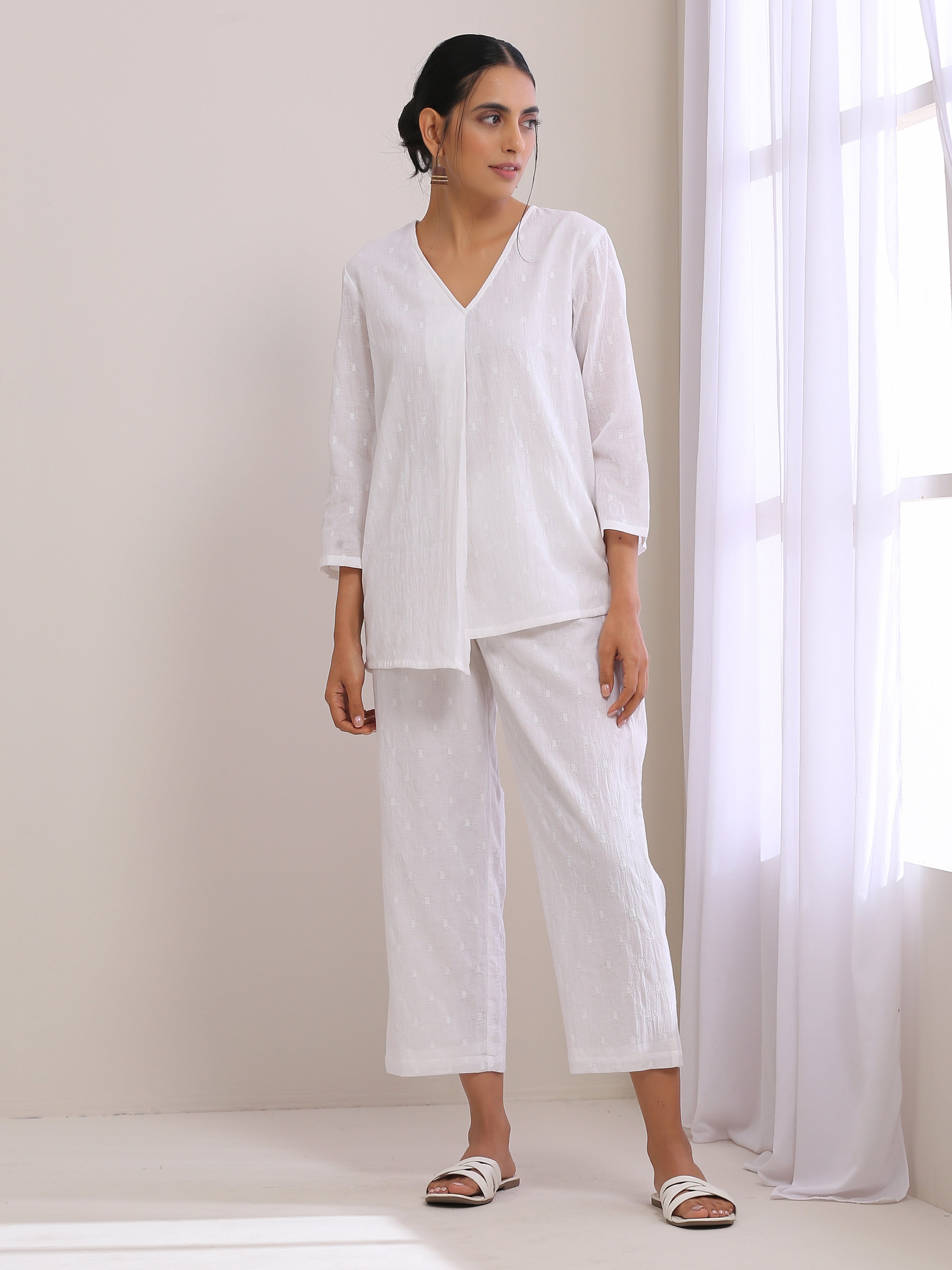 trueBrowns White Dobby Short Asymmetric Co-Ord Set