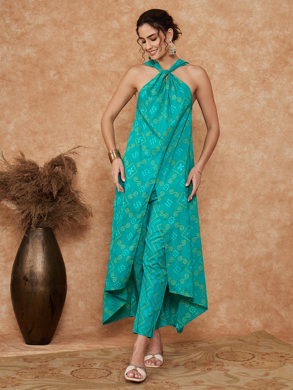 InWeave Women's Aqua S Print Twisted Neckline Kurta Pant Set