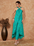 InWeave Women's Aqua S Print Twisted Neckline Kurta Pant Set