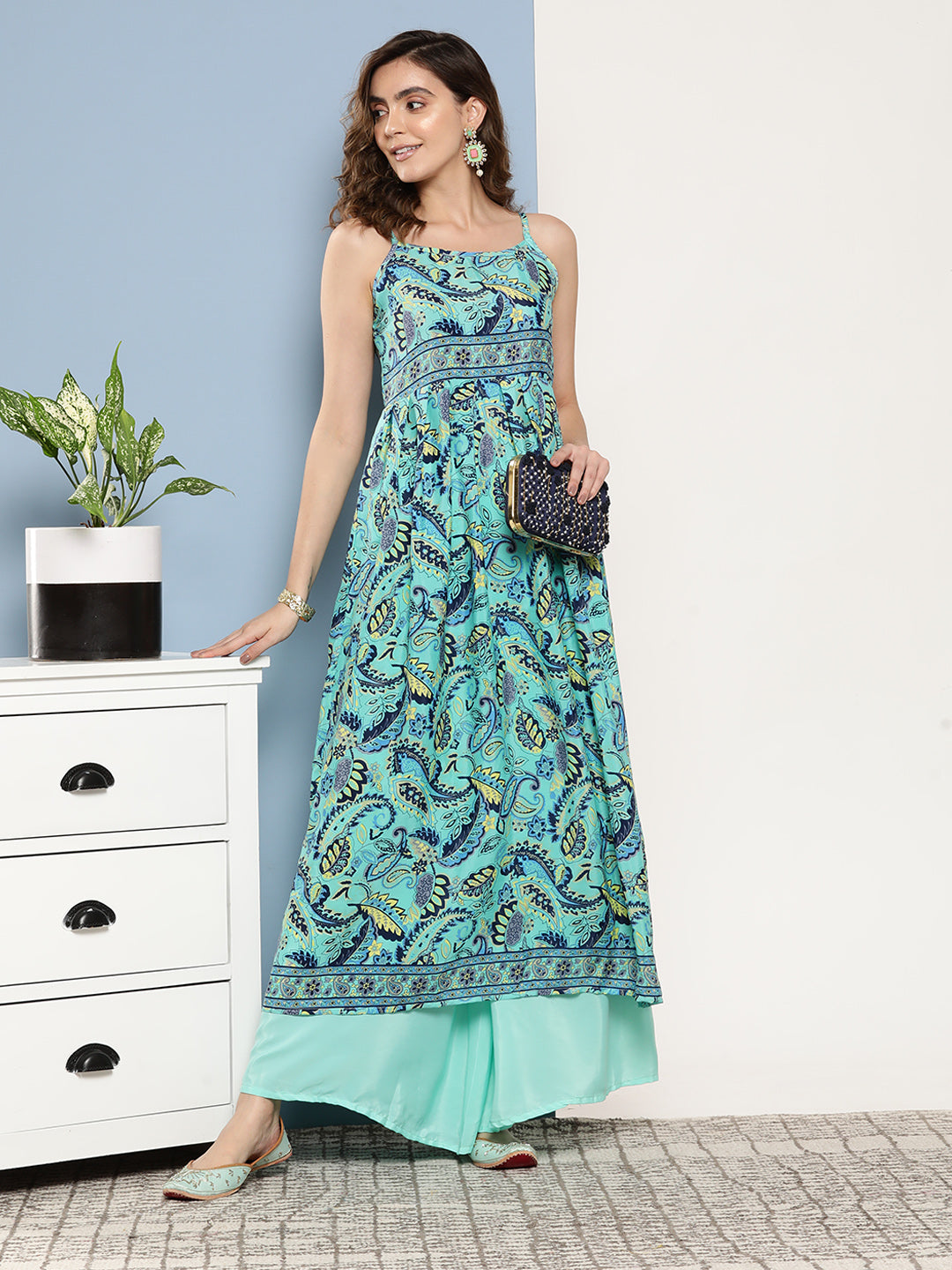 InWeave Women's Camelia Blue Pastel Print Strappy Kurta Set