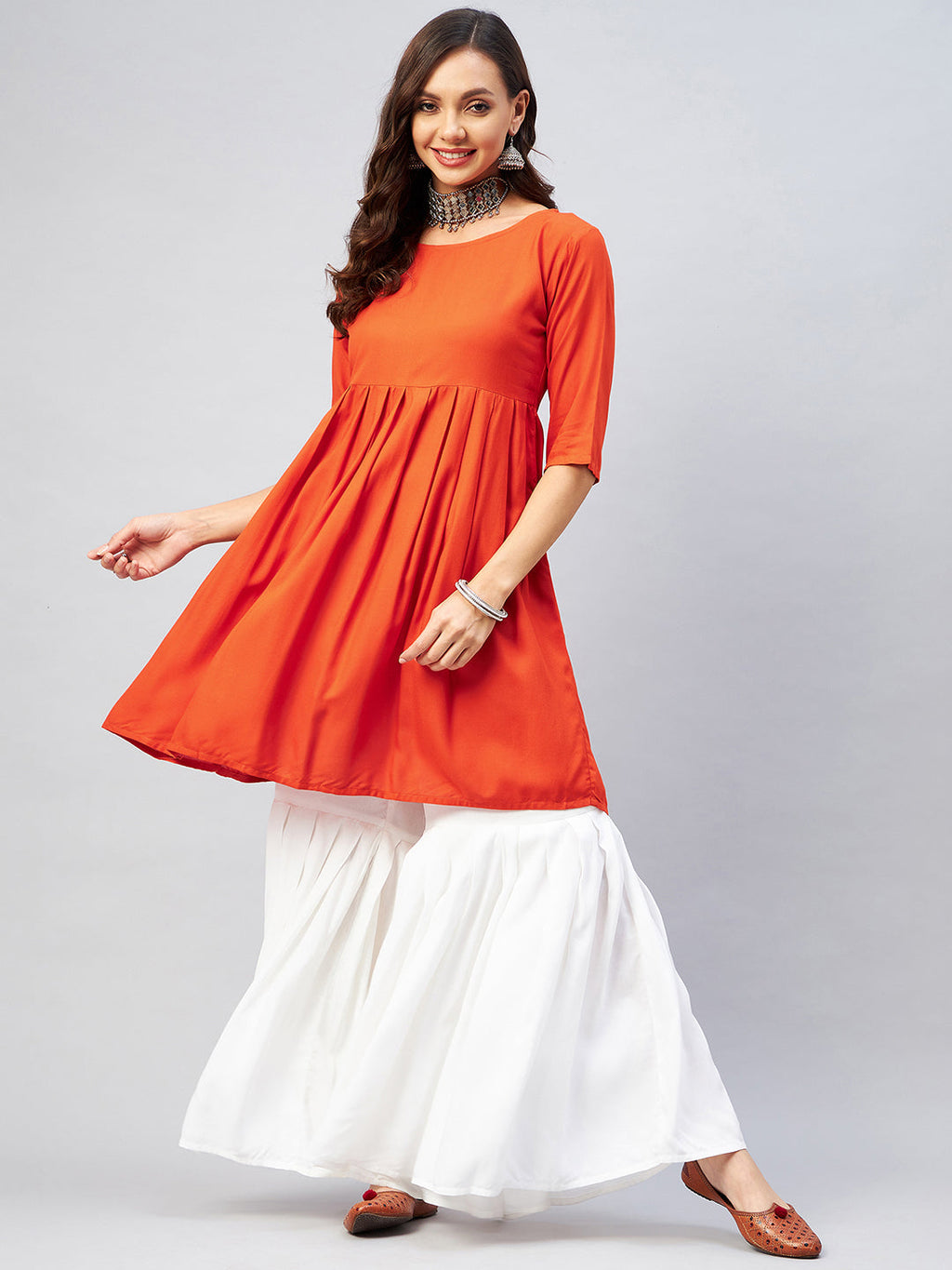 InWeave Women's Orange Short Anarkali Kurta