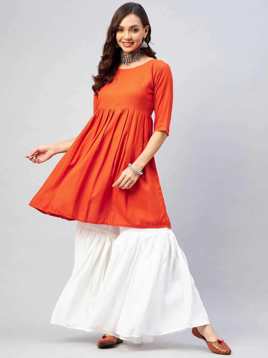 InWeave Women's Orange Short Anarkali Kurta