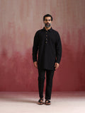 trueBrowns Men's Black Cotton Shirt Collar Stylized Kurta Co-ord set