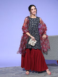 InWeave Women's Blue Printed Kurta Sharara Set With Burgundy Organza Dupatta