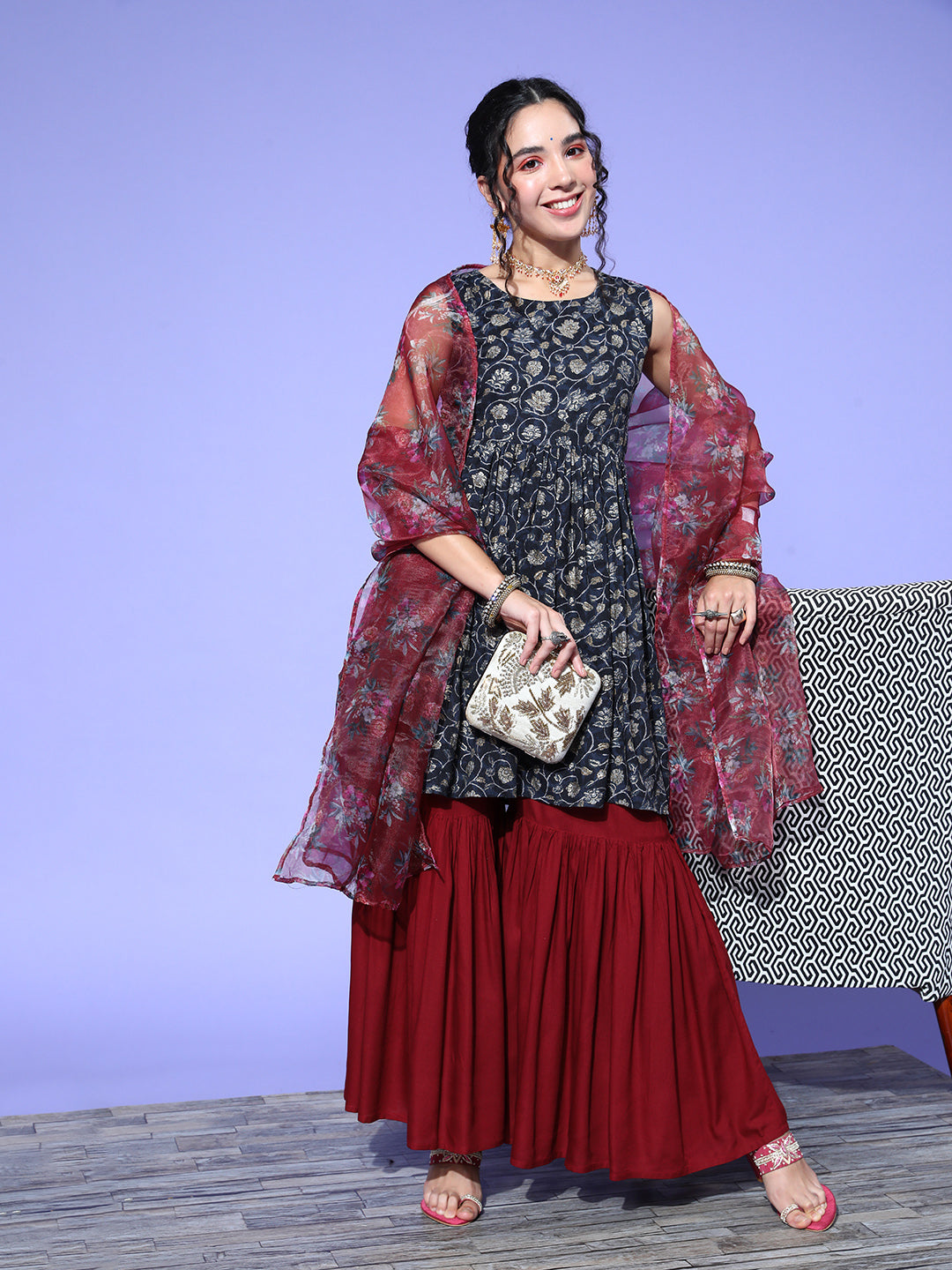 InWeave Women's Blue Printed Kurta Sharara Set With Burgundy Organza Dupatta