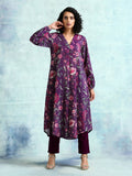 trueBrowns Wine Printed Velvet Neck Pleat Kurta