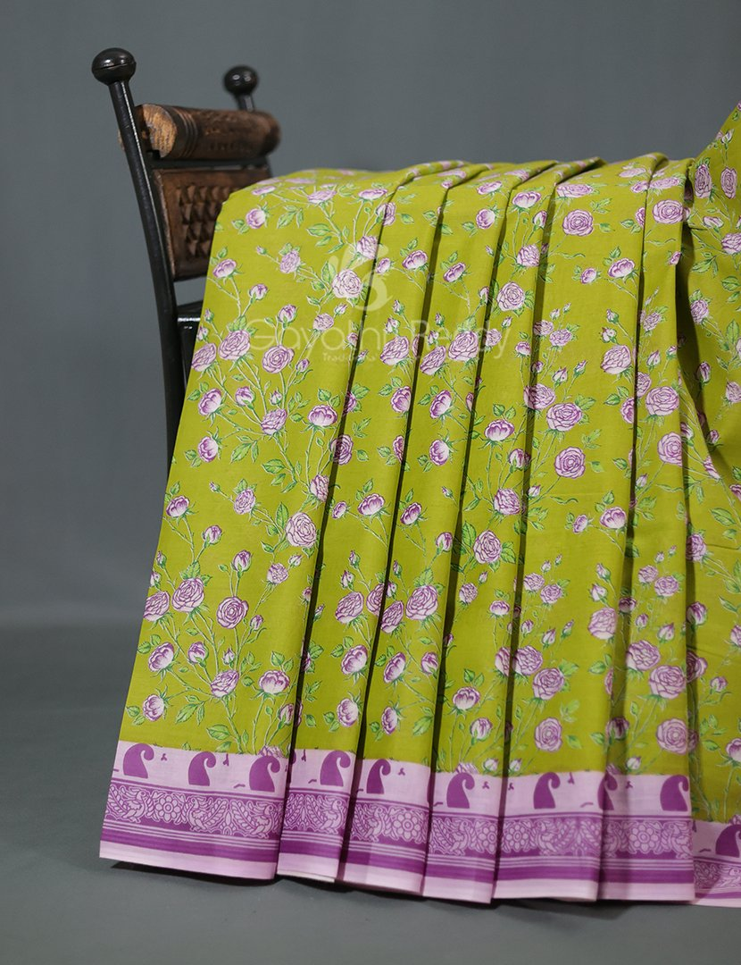 Block Print Apple Green Coloured Mulmul Cotton Saree By Gayathri Reddy Designer Studio