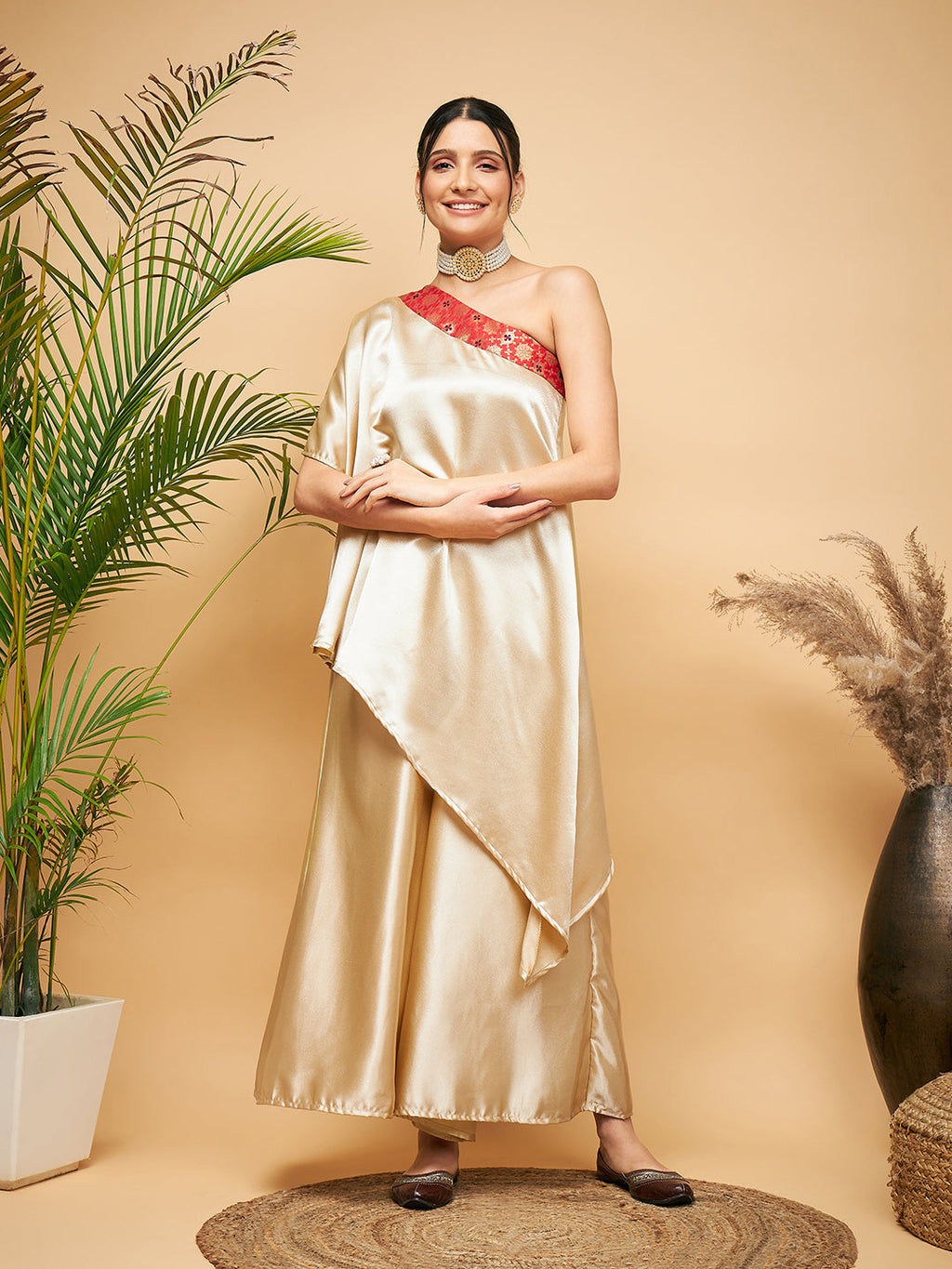 InWeave Women's Beige Red Brocade Oneshoulder Top Satin W Palazzo Set