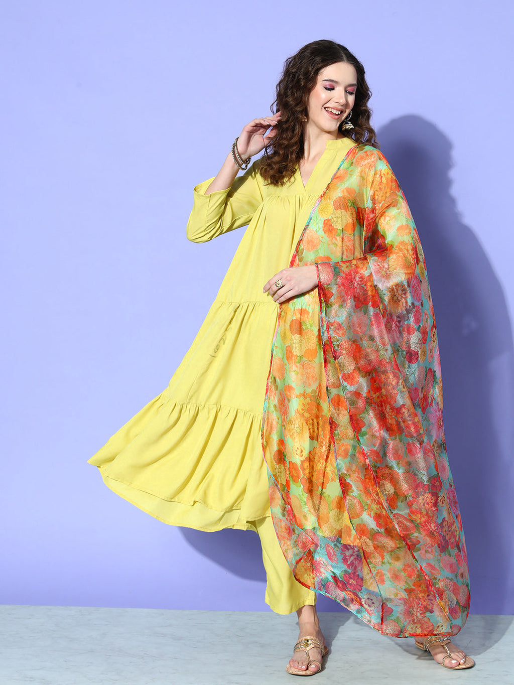 InWeave Women's Lime Green Flared Kurta Set With Green Organza Dupatta