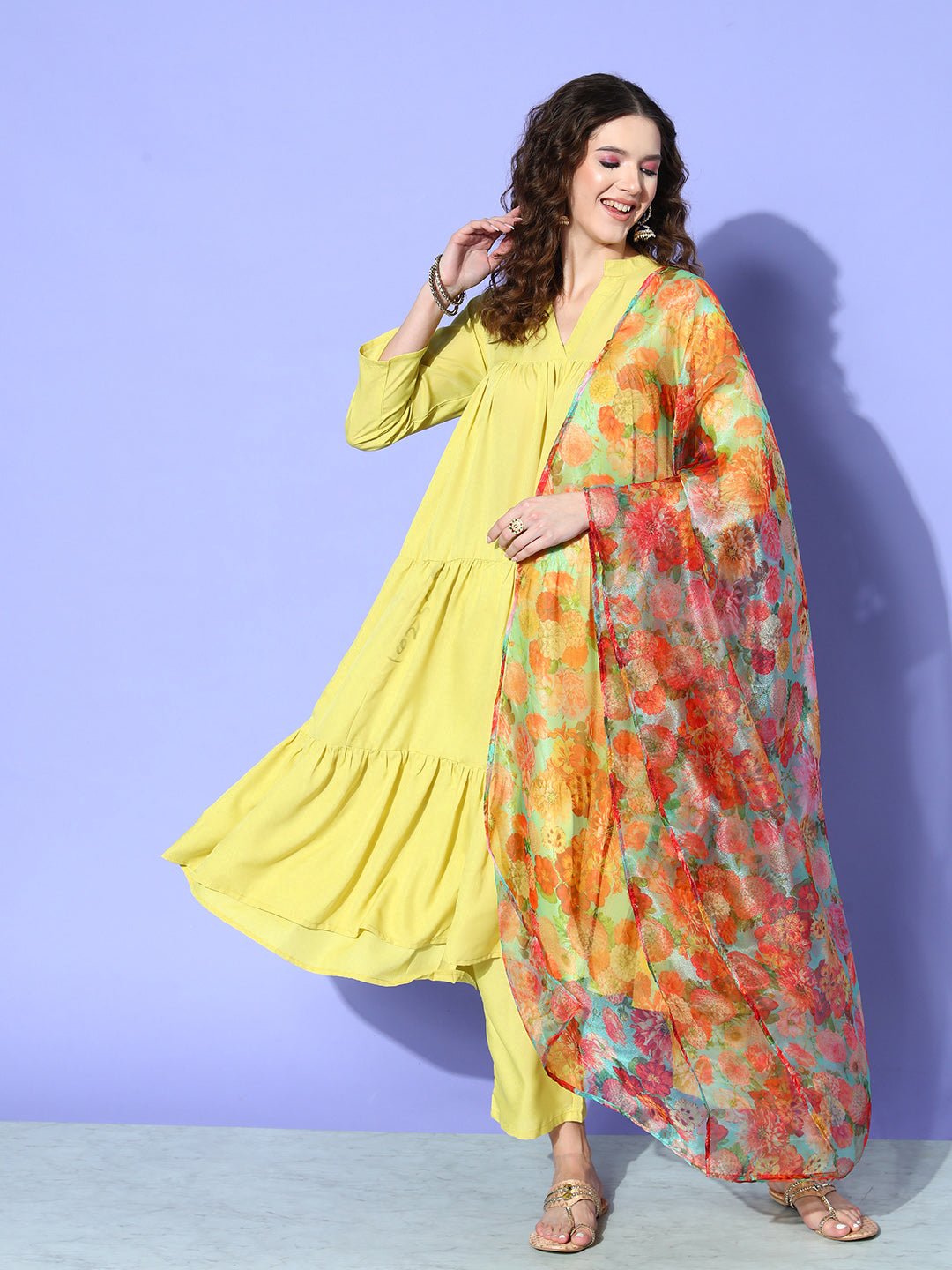 InWeave Women's Lime Green Flared Kurta Set With Green Organza Dupatta