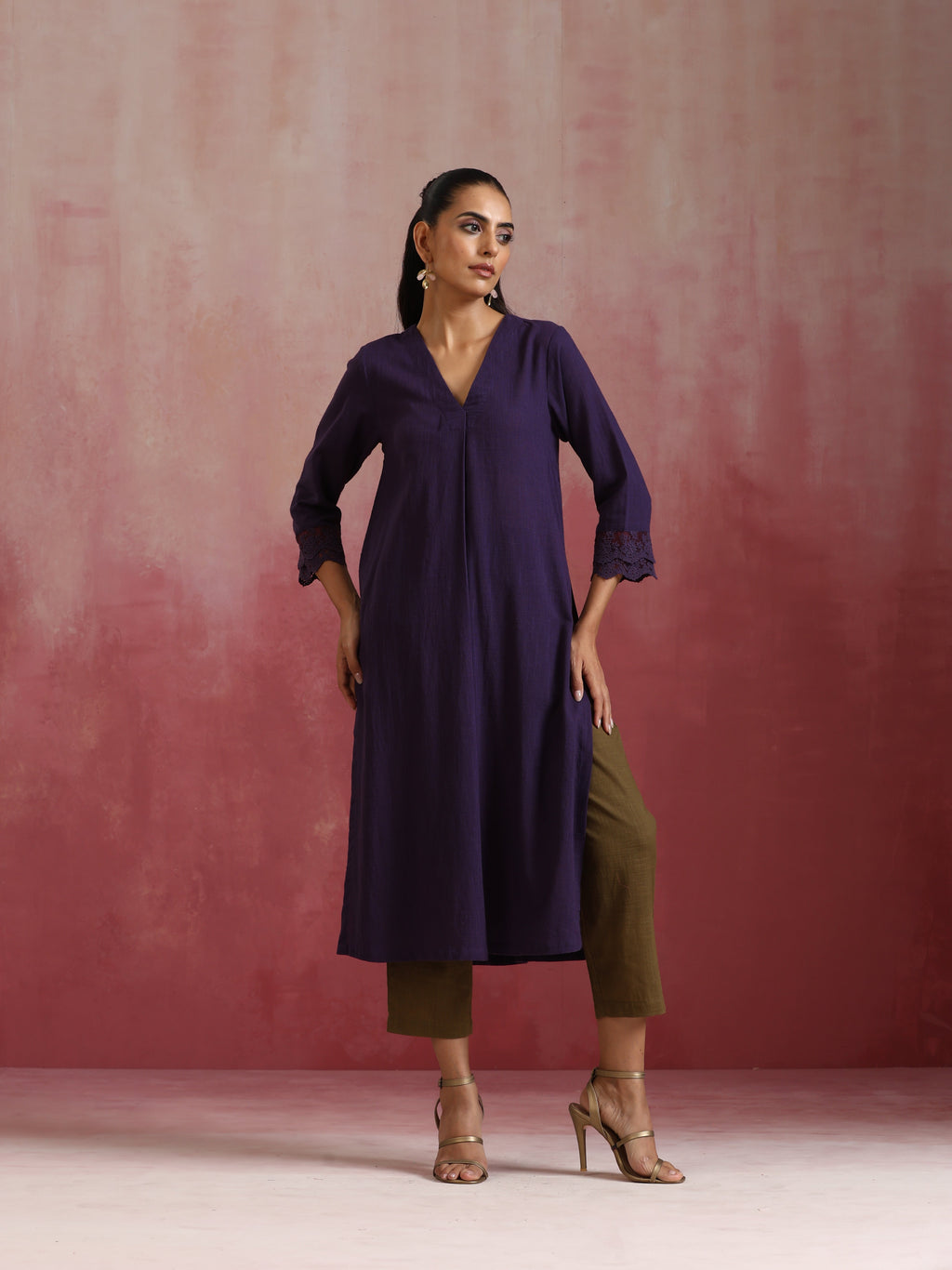 trueBrowns Purple Cotton Dobby Kurta Set