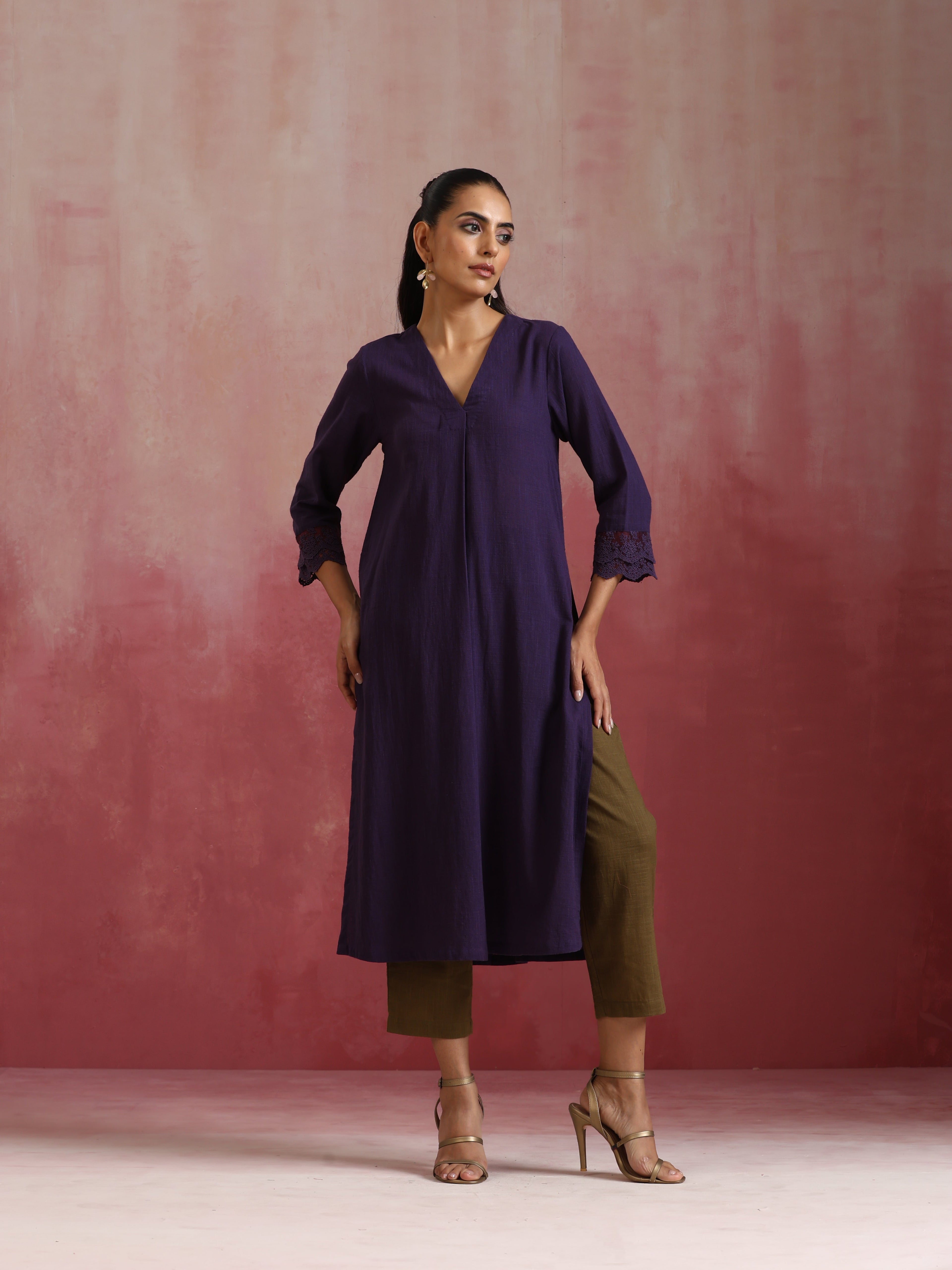 trueBrowns Purple Cotton Dobby Kurta Set
