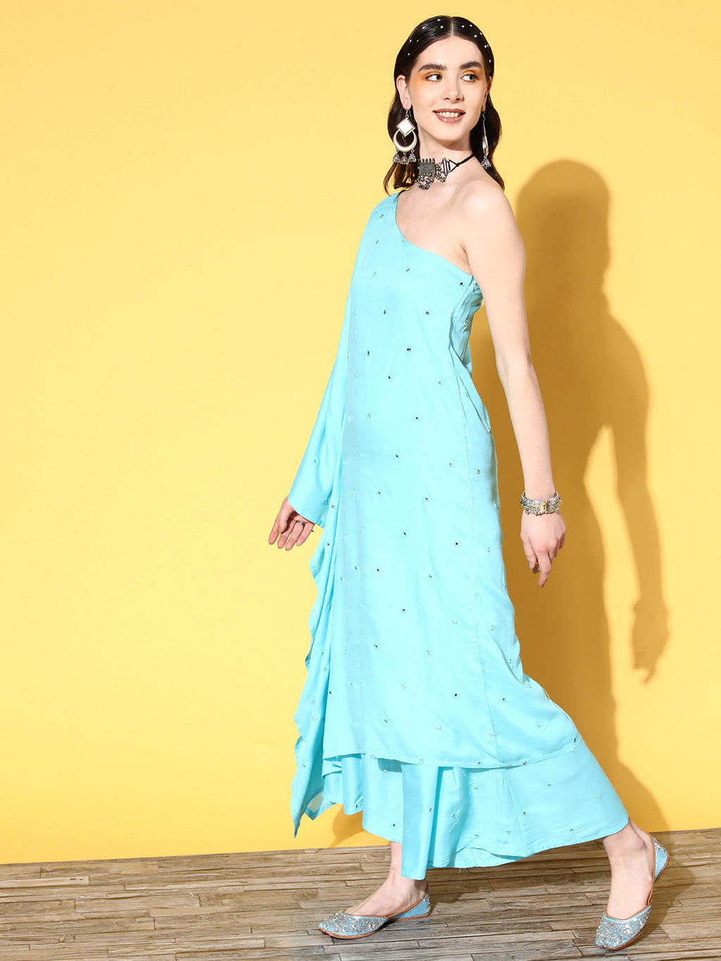 InWeave Women's Sky Blue Mirror Work One Shoulder Kurta Set