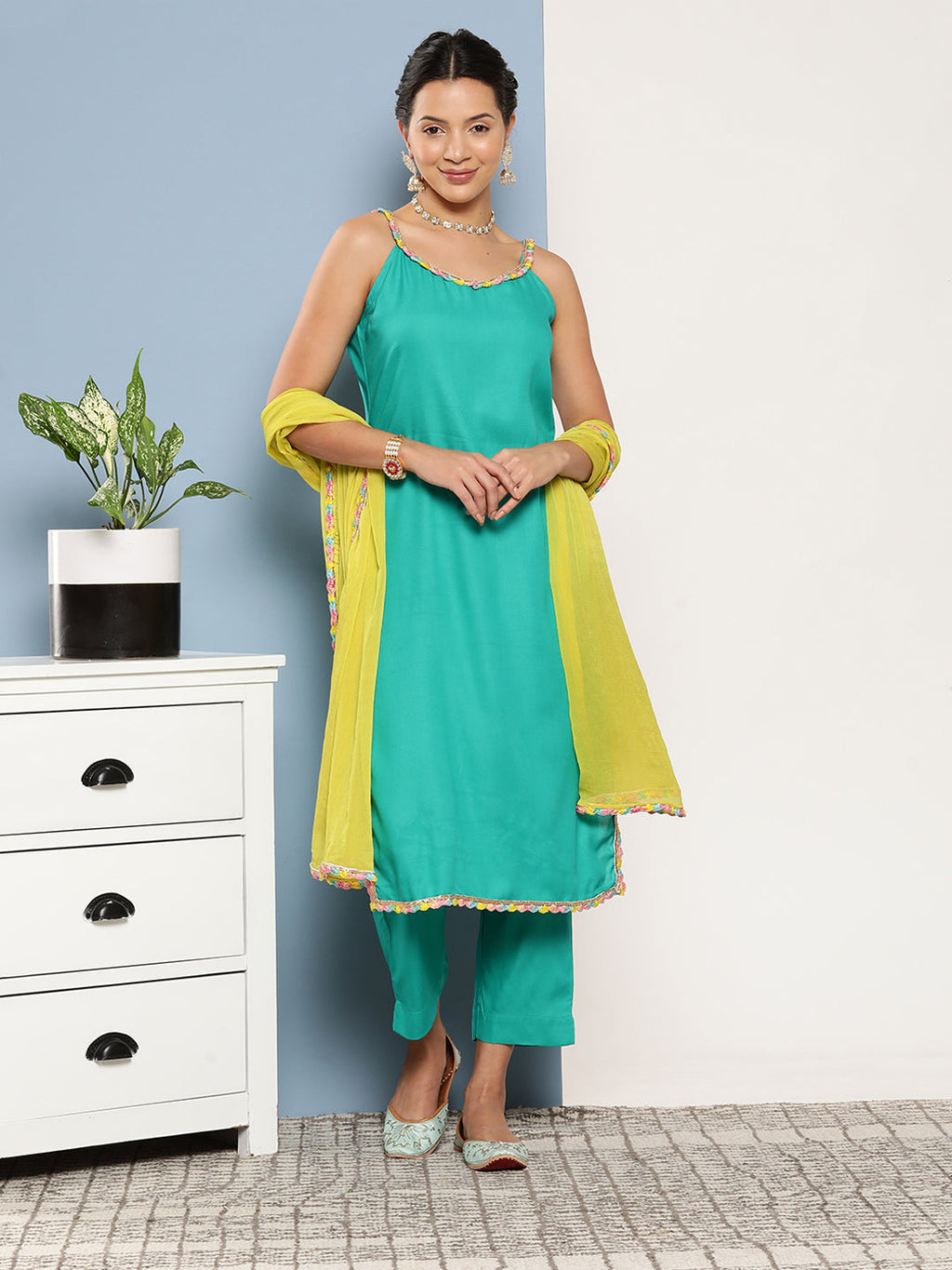 InWeave Women's Teal Lace Work Straight Strappy Kurta Set With Lime Green Chiffon Dupatta