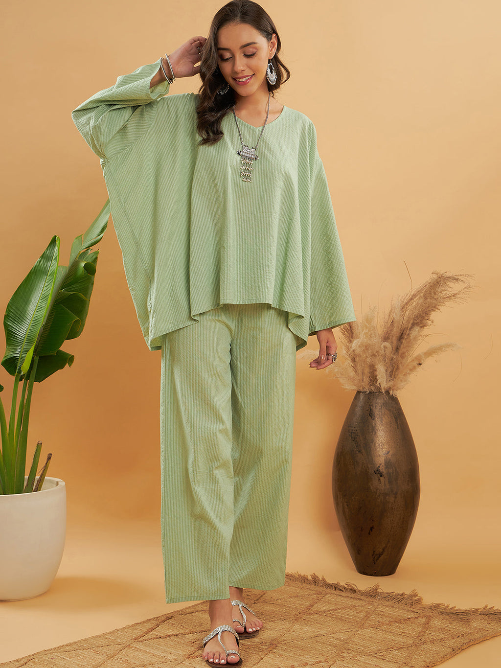 InWeave Women's Sage Green Kantha Boho Full Sleeve Coord Set
