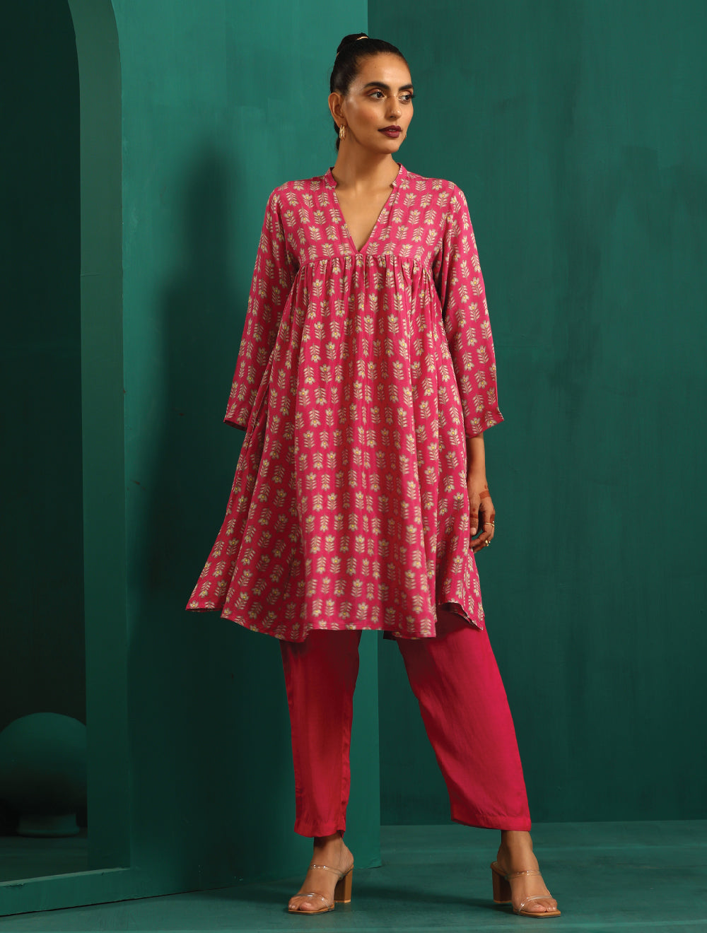trueBrowns Pink Leaf Muslin Silk Printed Yoke Gathered Co-ord Set