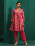 trueBrowns Pink Leaf Muslin Silk Printed Yoke Gathered Co-ord Set