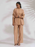 trueBrowns Beige Cotton Embroidered Shirt Top Co-ord Set