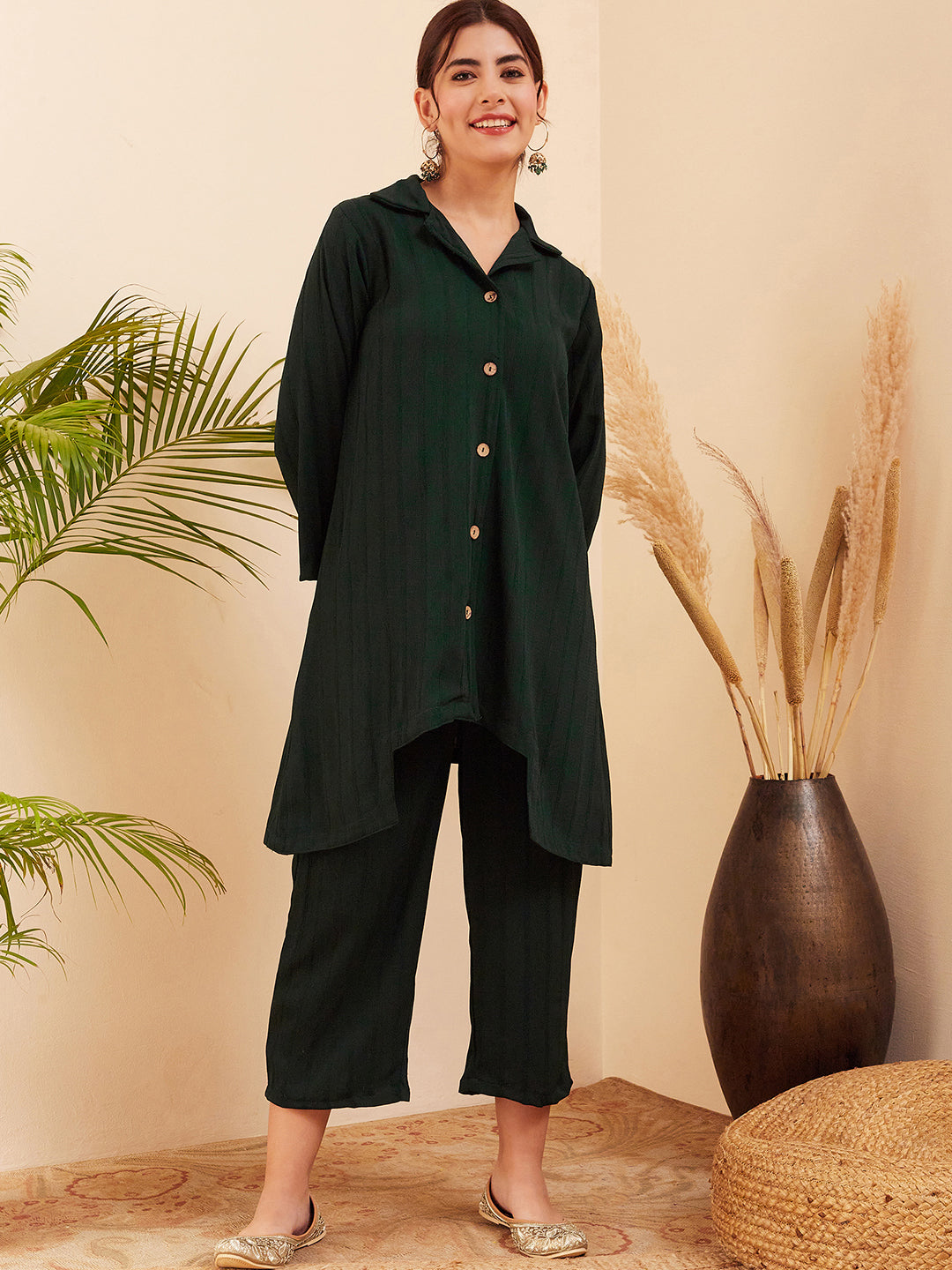 InWeave Women's Forest Green Collared Front Button Blazer Kurta Pant Set