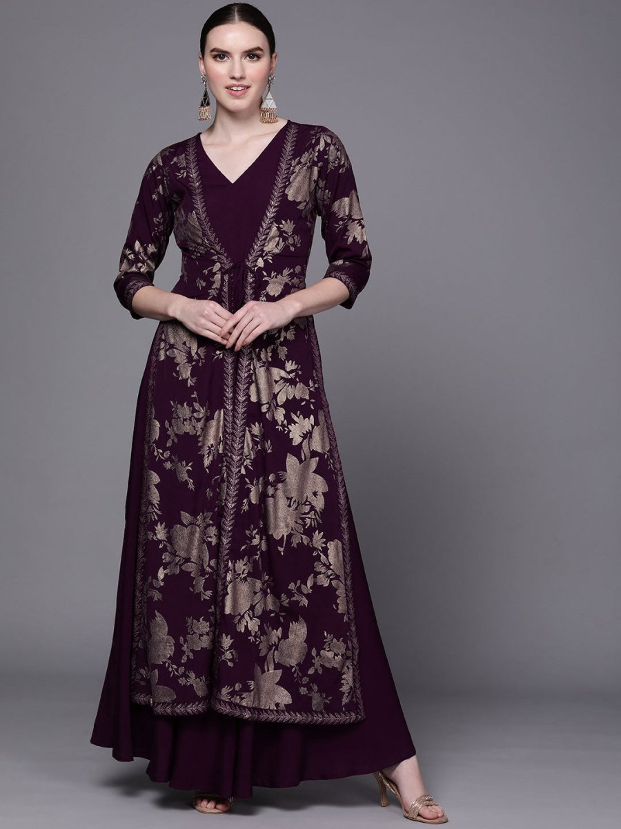 Ahalyaa Women Burgundy Floral Fit & Flare Maxi Ethnic Dress