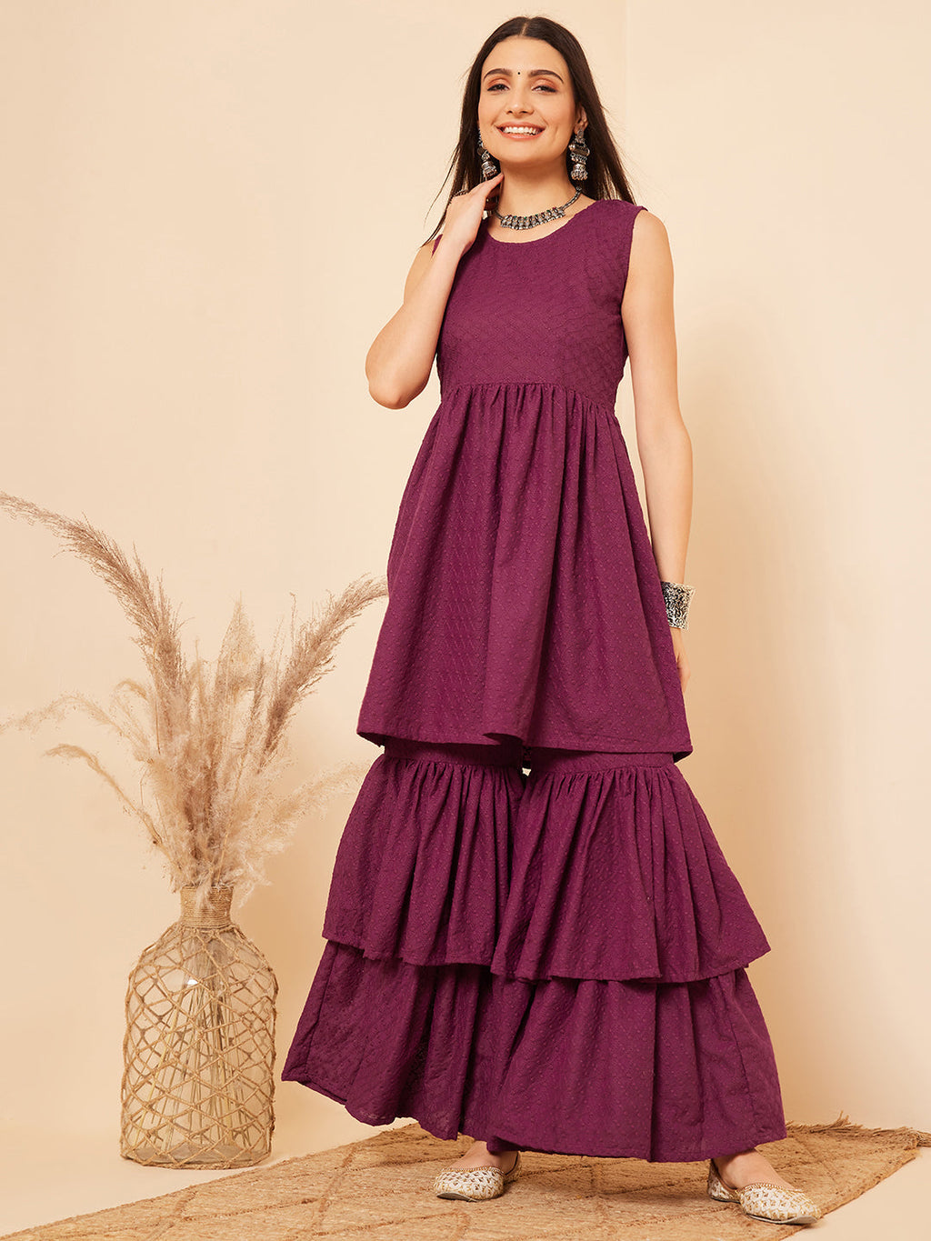 InWeave Women's Purple Lace Work Double Layer Sharara Set