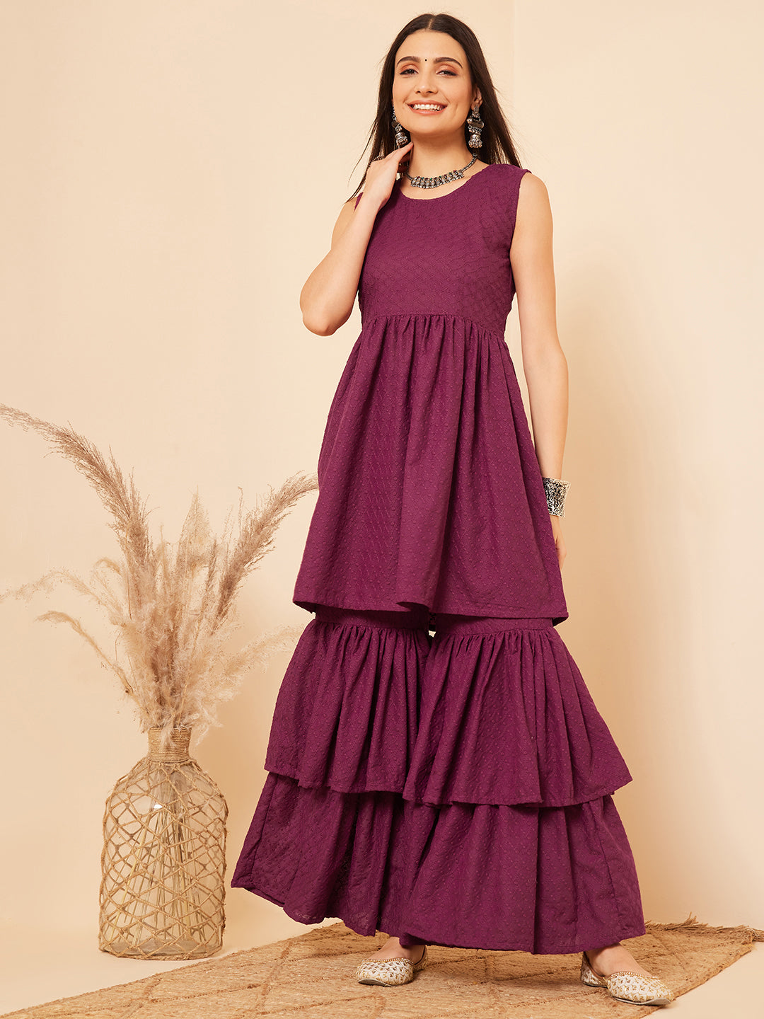 InWeave Women's Purple Lace Work Double Layer Sharara Set