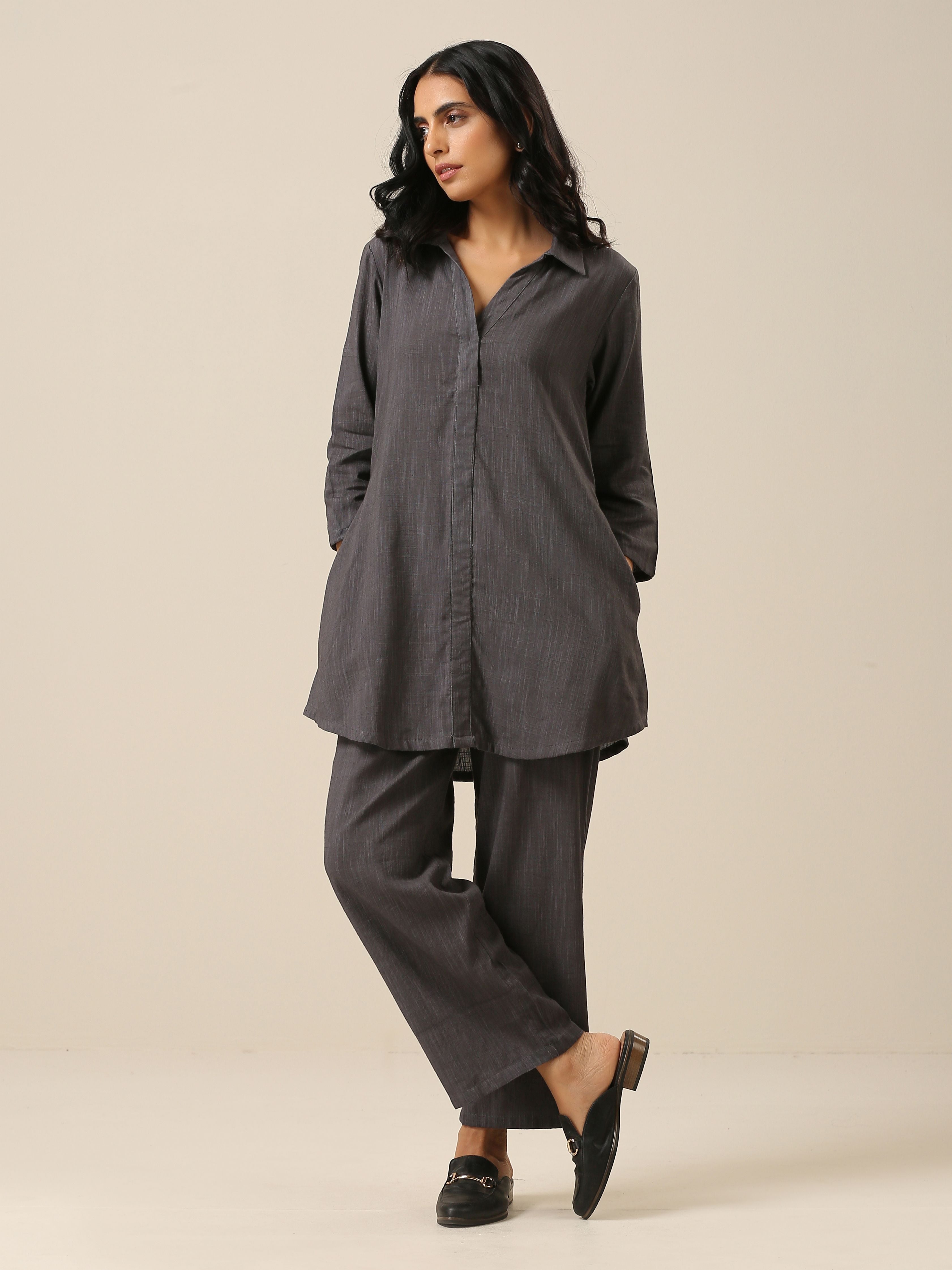 trueBrowns Slate Grey Slub Texture Collar Short Co-Ord Set