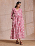trueBrowns Pink Overall Floral Block Print Cotton Wrap Dress
