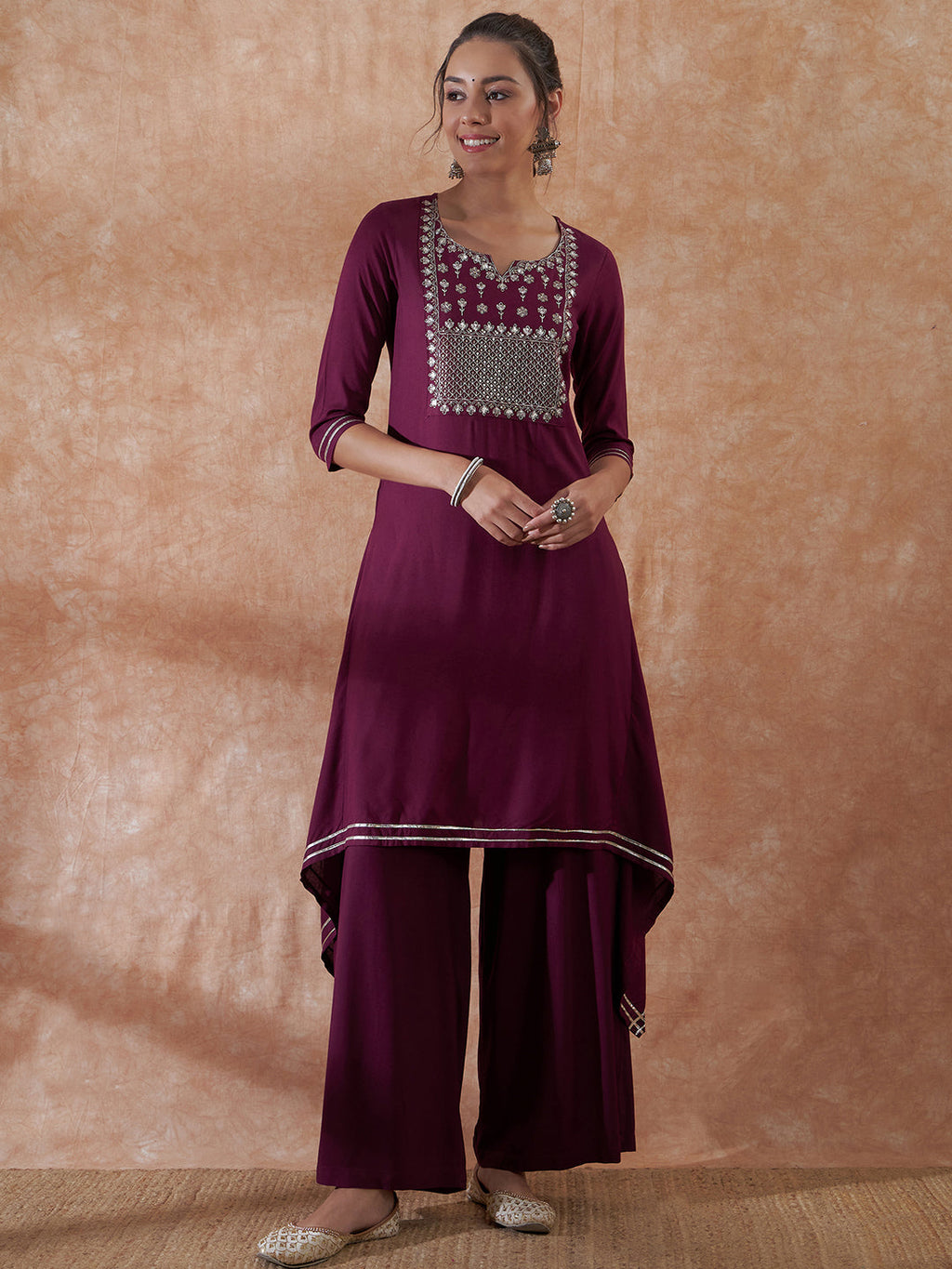 InWeave Women's Burgundy Emb Assymetrical Kurta Pant Set
