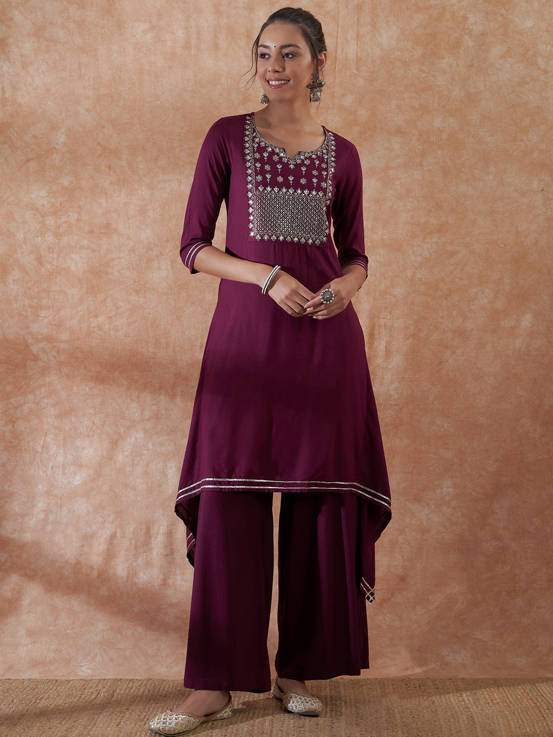 InWeave Women's Burgundy Emb Assymetrical Kurta Pant Set