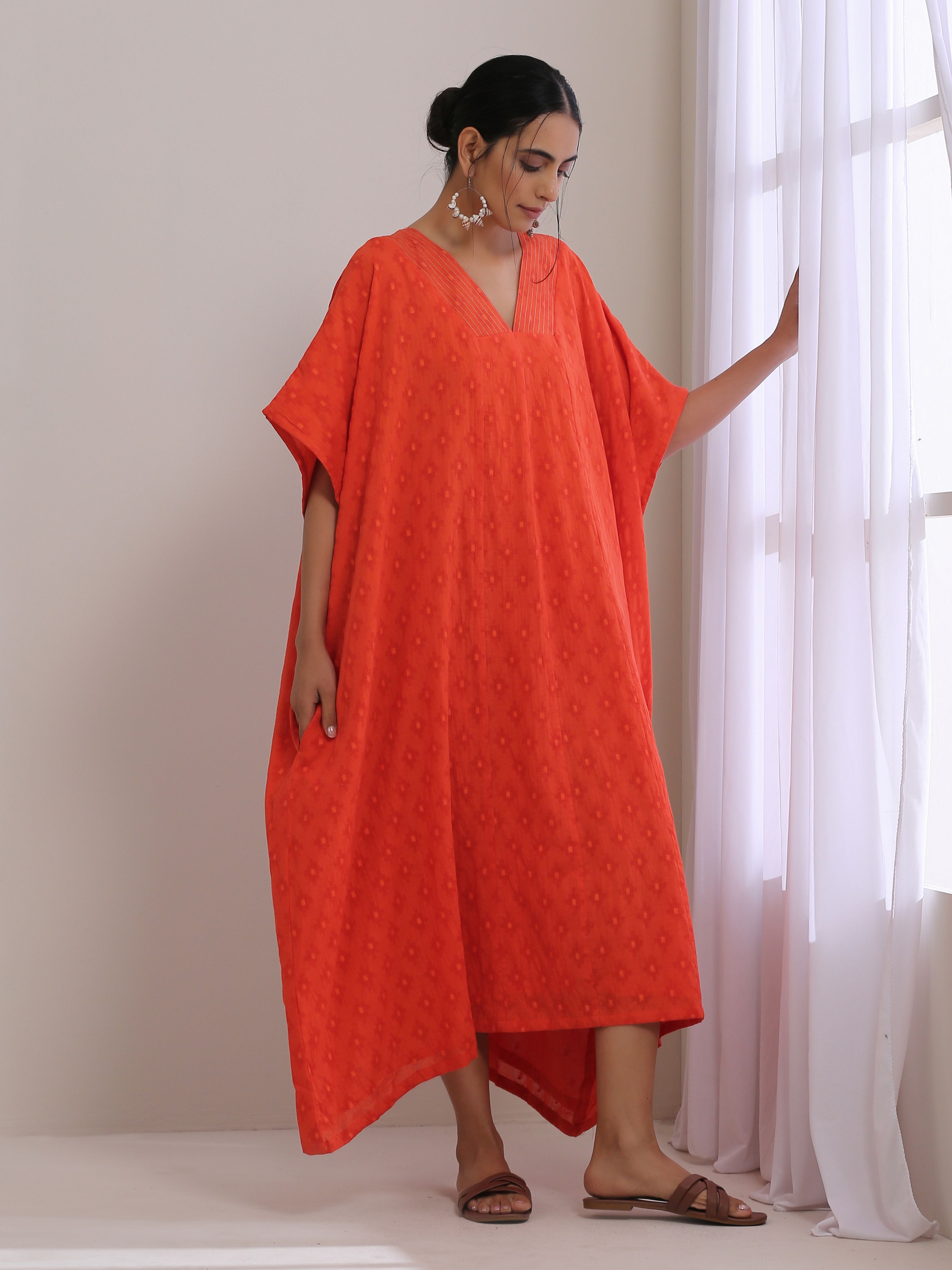 trueBrowns Orange Dobby Panel Kaftan Dress