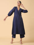 trueBrowns Cotton Linen Dark Blue Kurta Pant Set