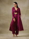 trueBrowns Purple Textured Silk Overlay Jacket Blouse Pant Set