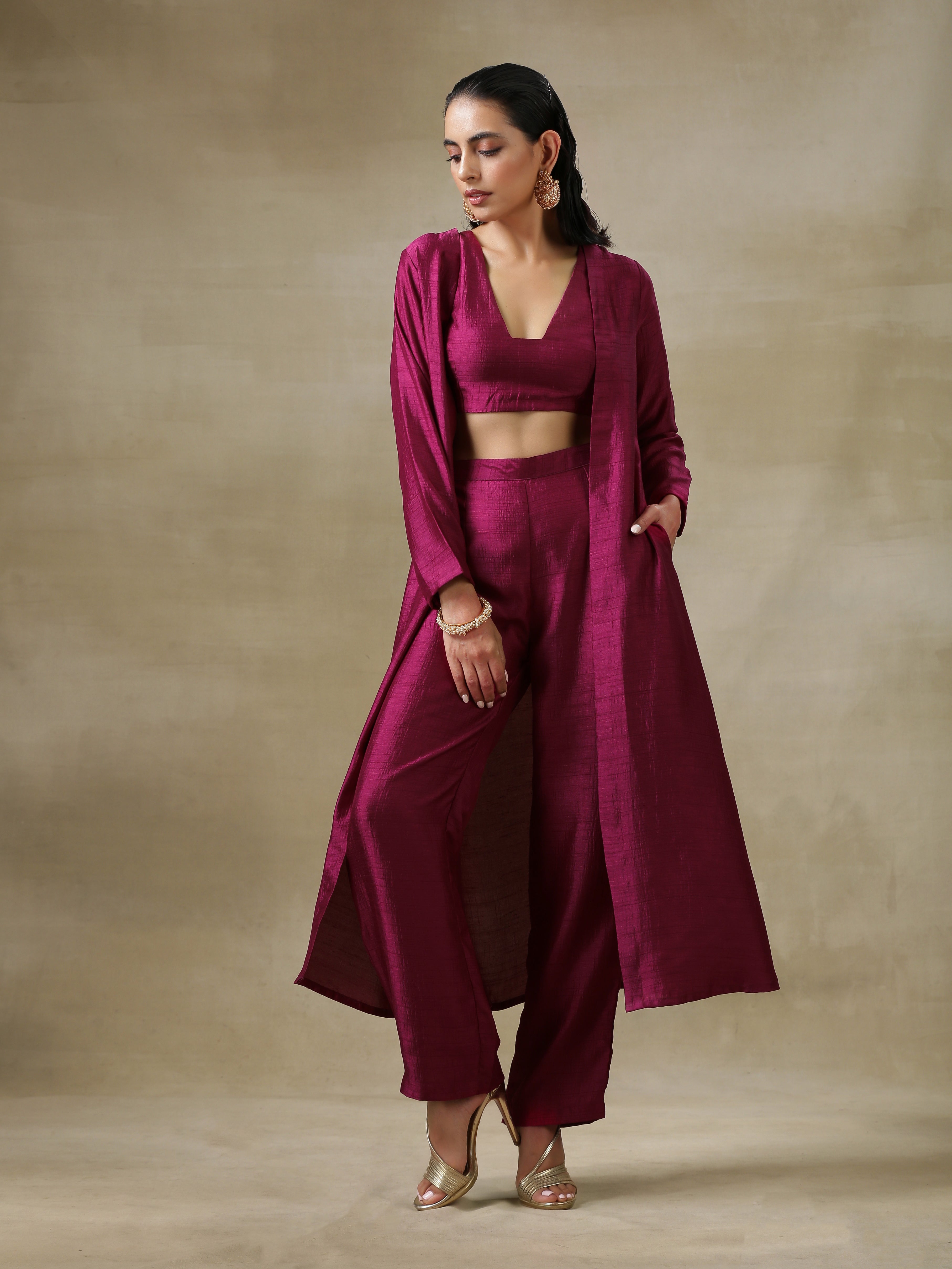 trueBrowns Purple Textured Silk Overlay Jacket Blouse Pant Set