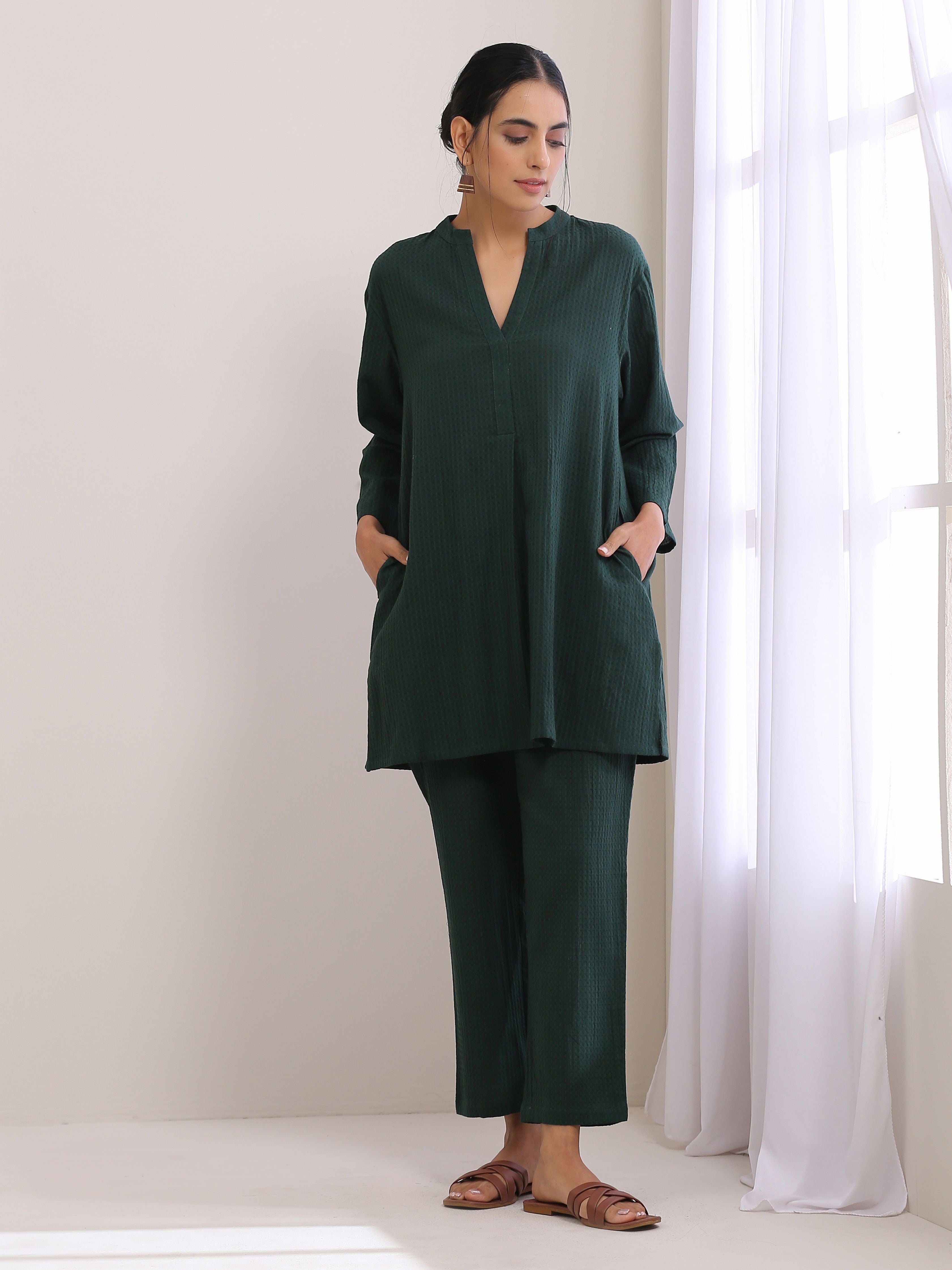 trueBrowns Dark Green Dobby Relaxed Fit Co-Ord Set