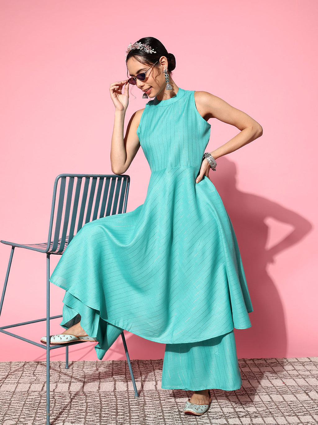 InWeave Women's Teal Lurex Boho Sleevless Kurta Set