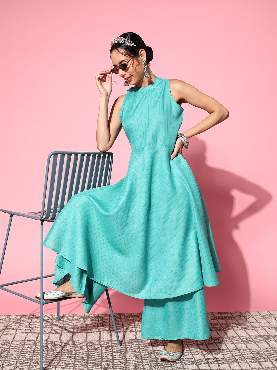 InWeave Women's Teal Lurex Boho Sleevless Kurta Set