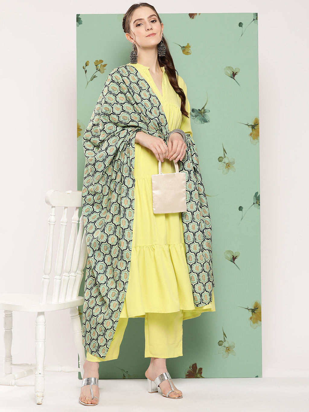 InWeave Women's Lime Green Flared Kurta Set W Green Print Cr Dupatta
