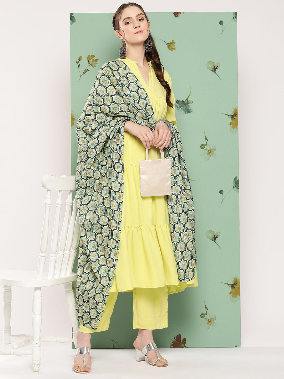 InWeave Women's Lime Green Flared Kurta Set W Green Print Cr Dupatta