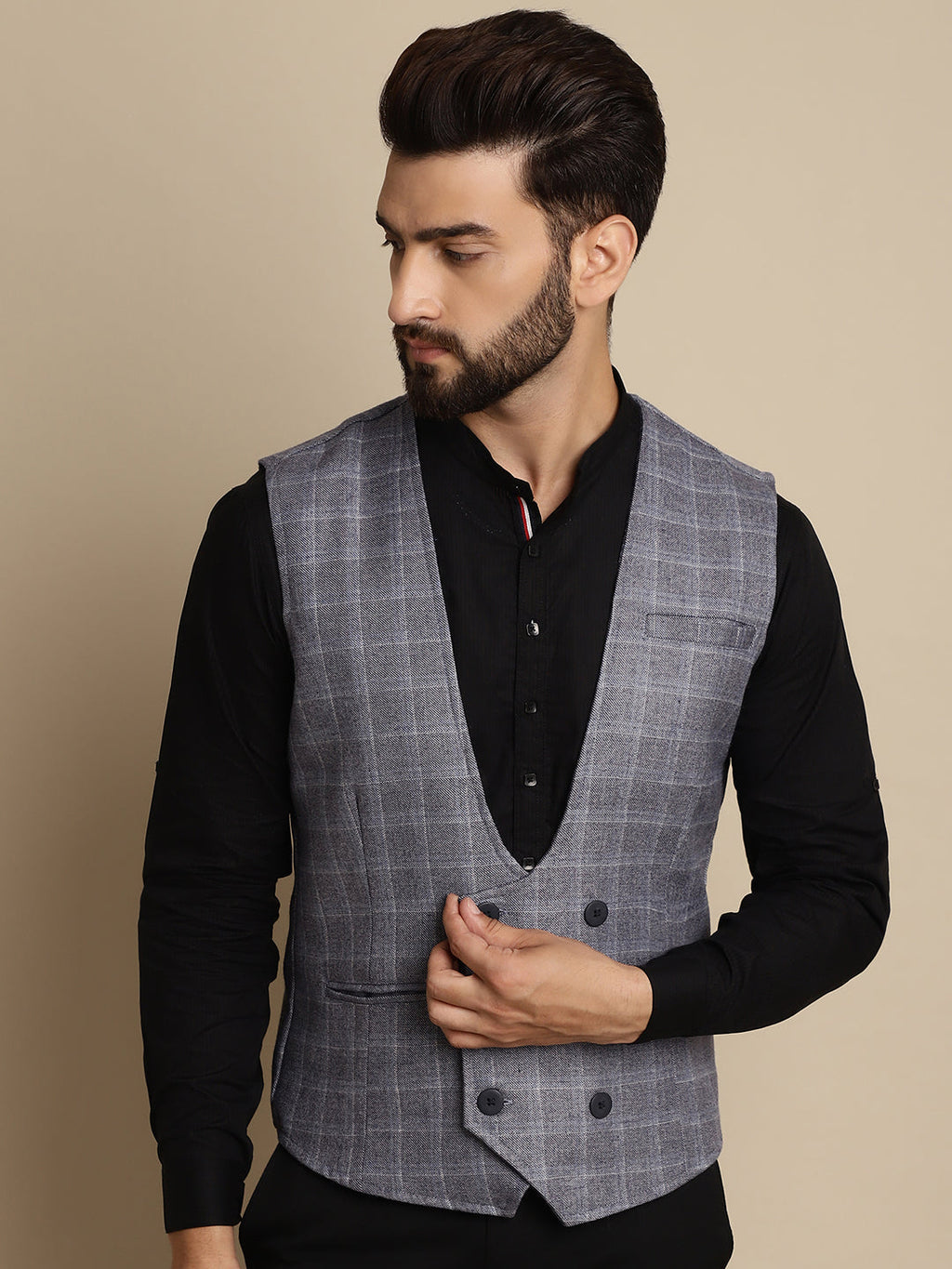 Even Apparels Men's Grey Double Breast Waistcoat
