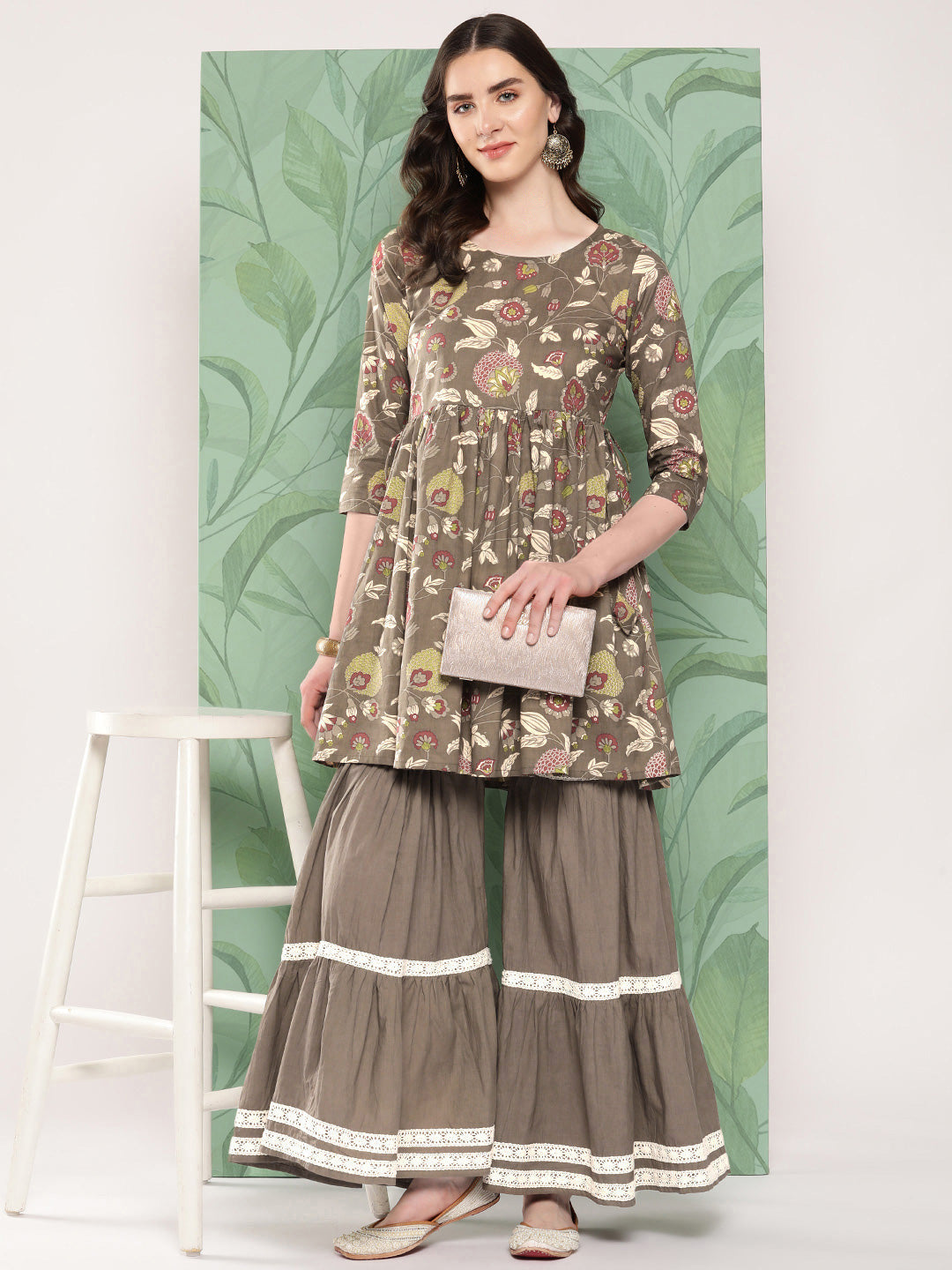 InWeave Women's Olive Shade Tropical Sharara Set