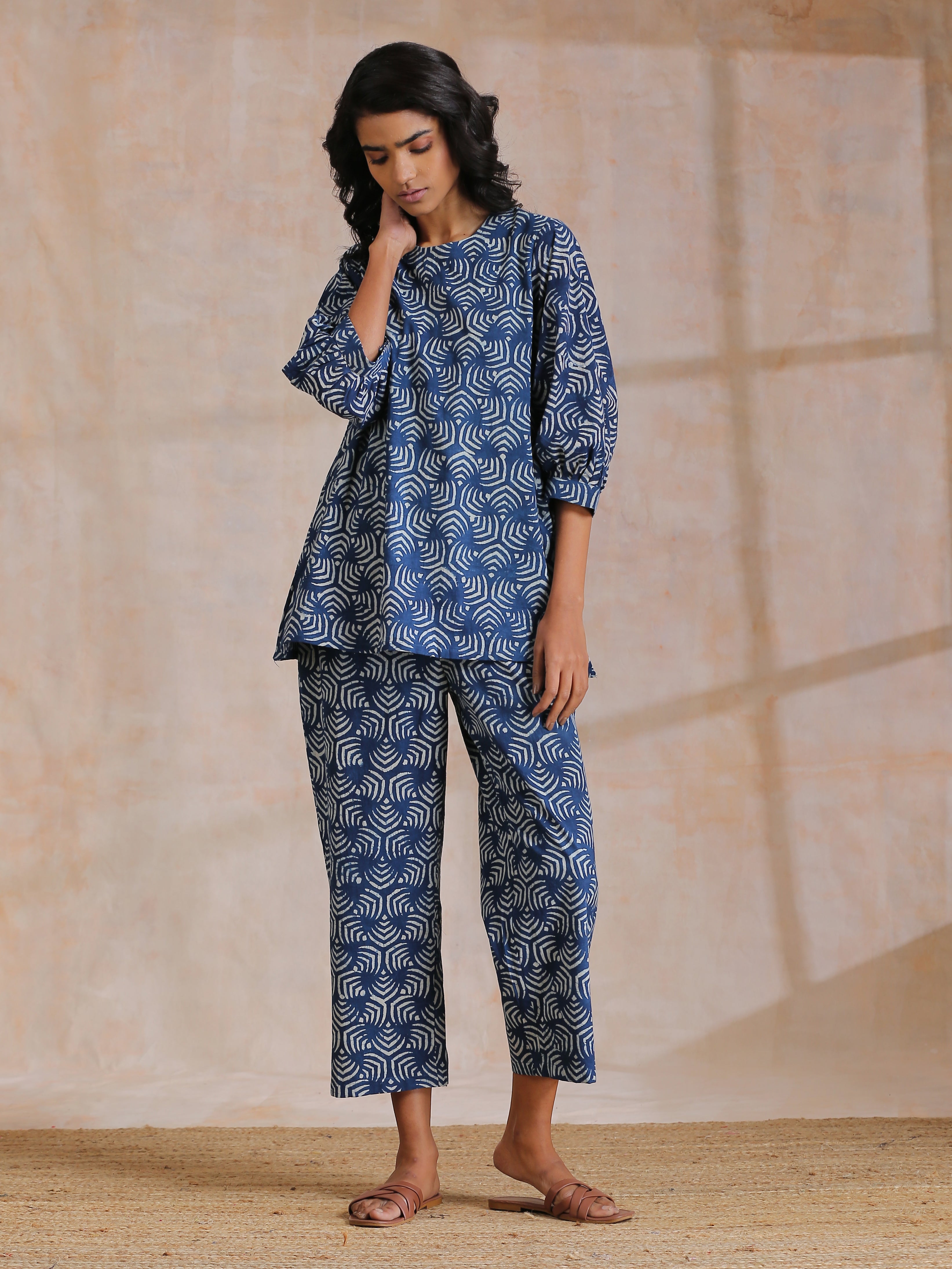 trueBrowns Indigo Dabu Overall Print Cotton Baggy Sleeve Co-Ord Set