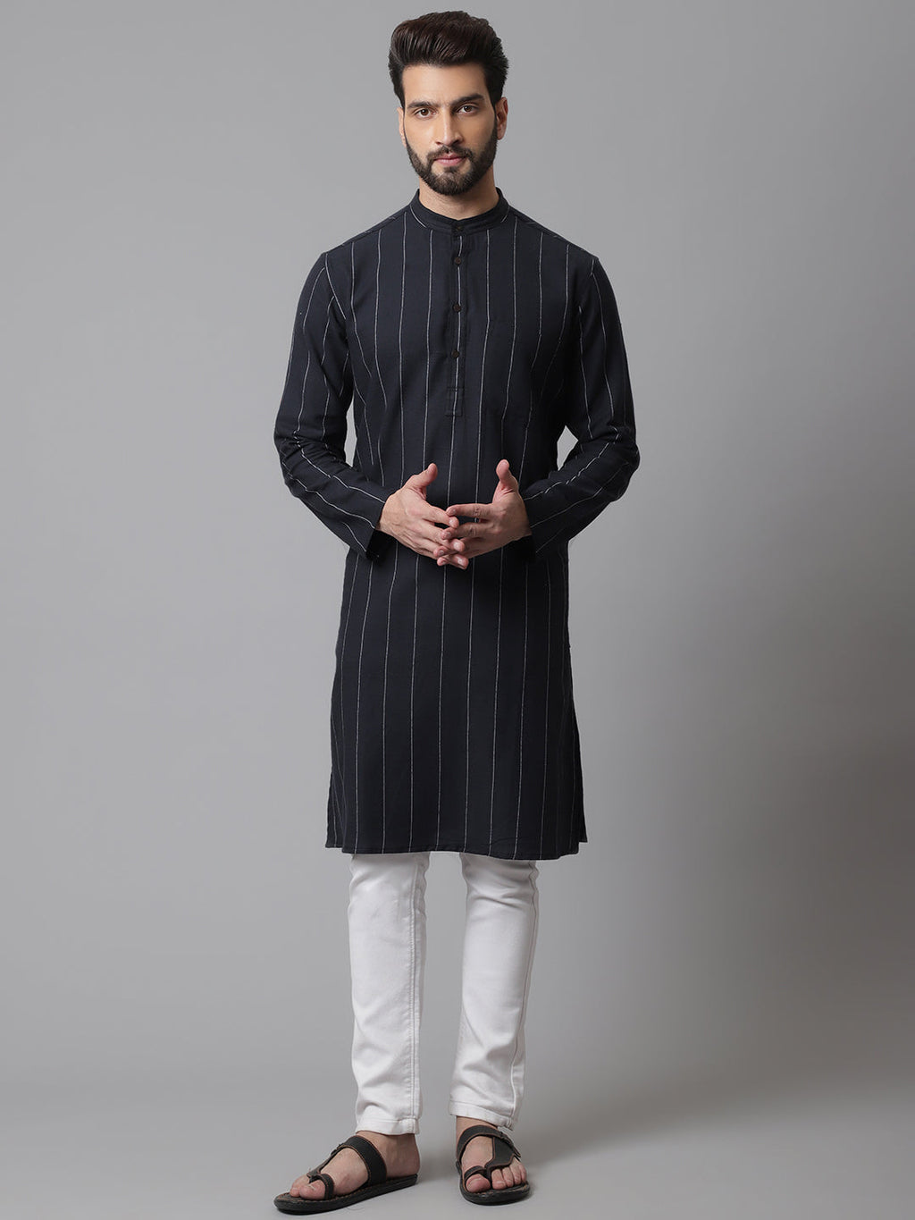 Even Apparels Black Pure Cotton Kurta With Band Collar