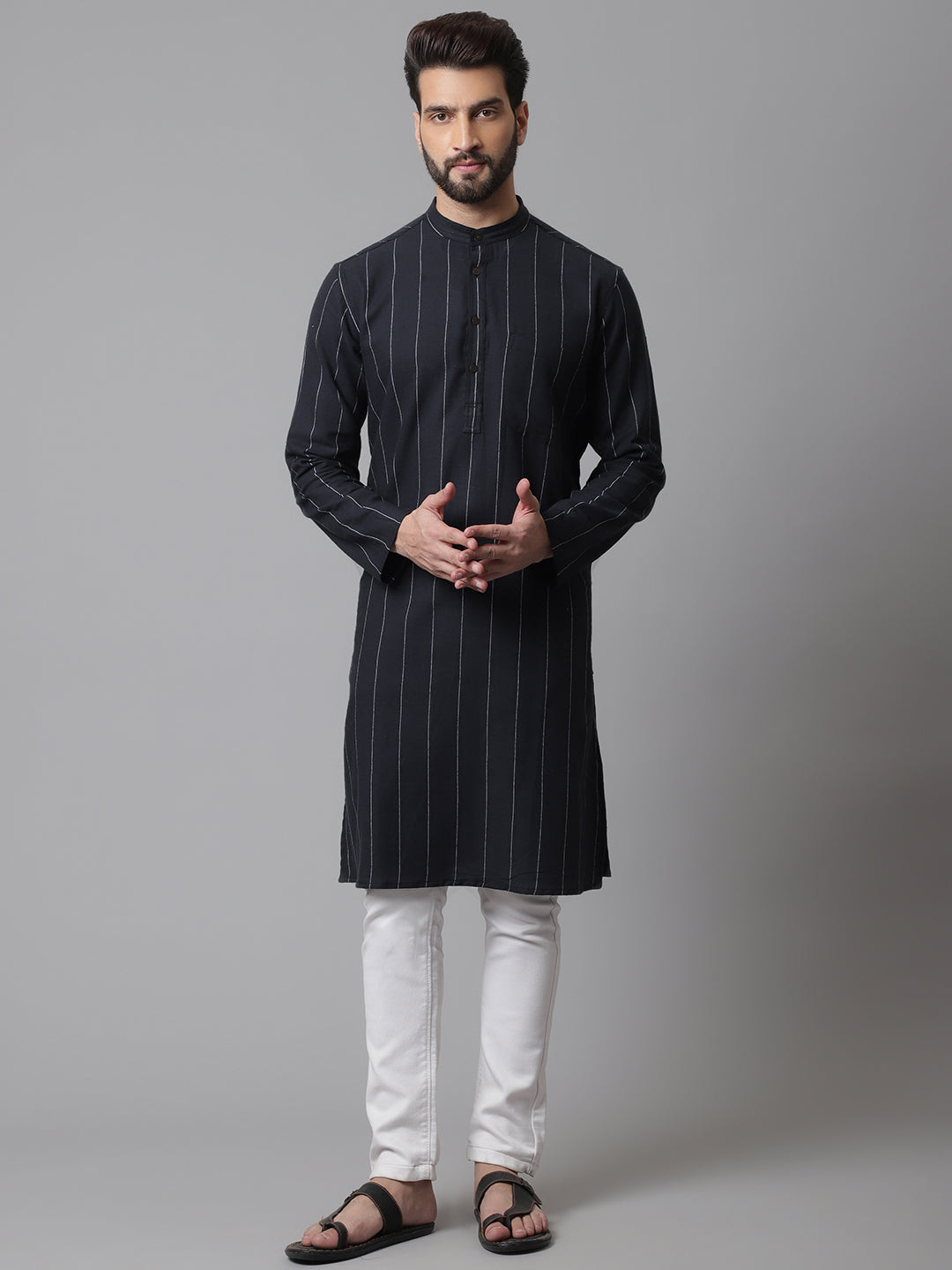 Even Apparels Black Pure Cotton Kurta With Band Collar